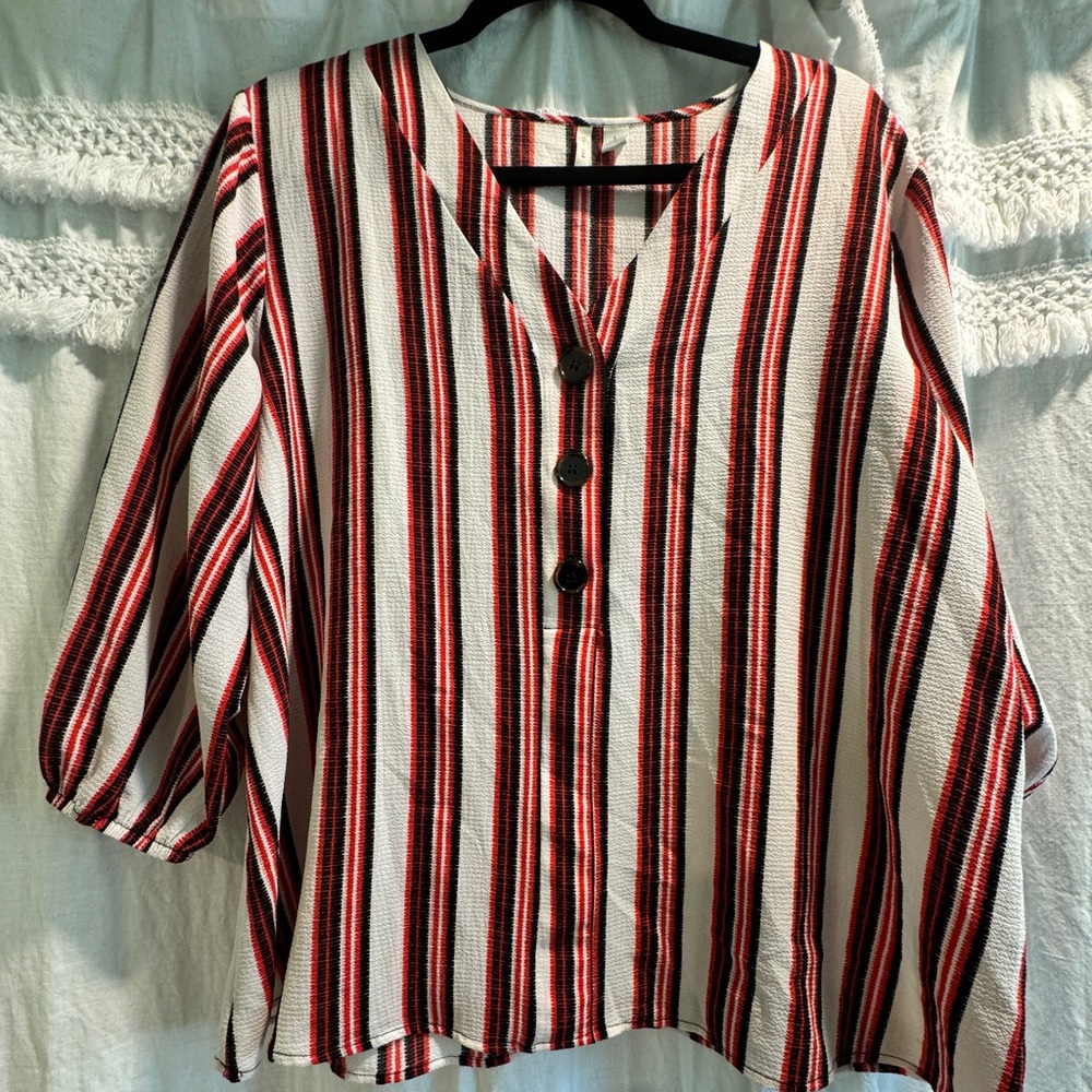 Size Large EST 1946 Red Black White Striped Blouse